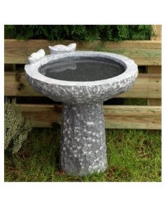 Fuglebad rund på sokkel med 2 spurve Ø35cm